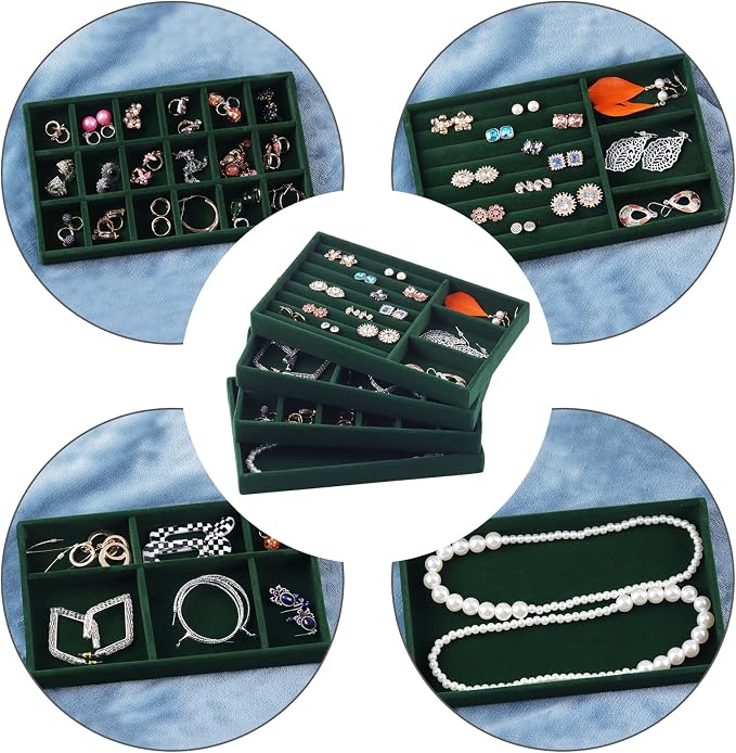 Set of 8 Stackable Jewelry Organizer Stackable Trays for Drawers,Jewelry Drawer Inserts Container Display Case Storage for Earring Necklace Rings Bracelet with Removable Dividers-Green