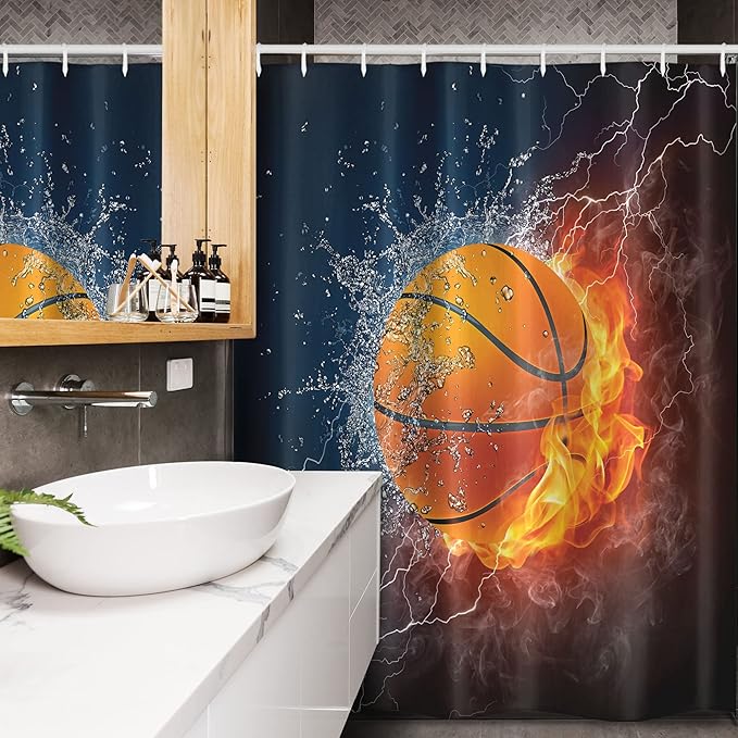 Ambesonne Sports Stall Shower Curtain, Basketball Ball and Water Splashing Thunder Lightning Themed Design, Fabric Bathroom Decor Set with Hooks, 54" W x 78" L, Dark Blue and Burgundy