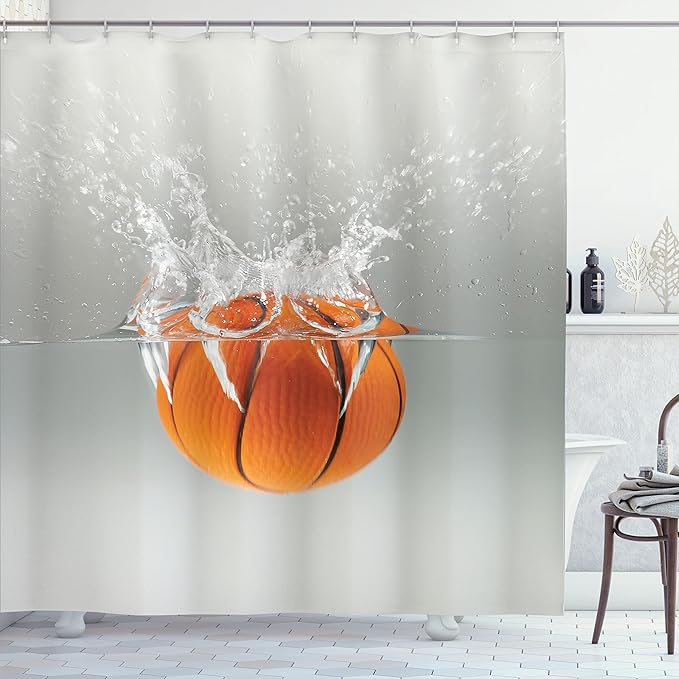 Ambesonne Sports Shower Curtain, Falling Basketball into Water Leisure National Sport Activity Entertaining, Cloth Fabric Bathroom Decor Set with Hooks, 69" W x 70" L, Orange Beige