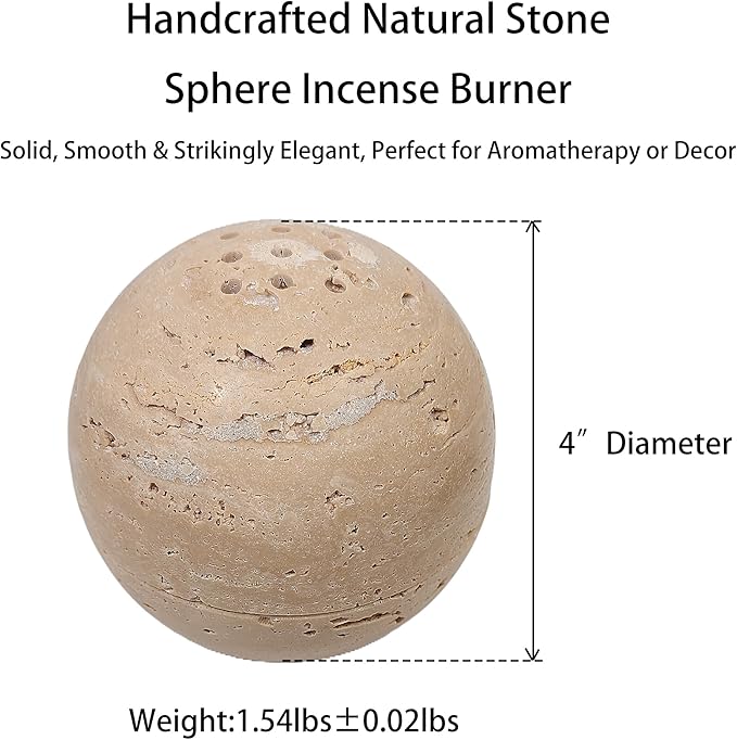 Natural Stone Sphere Incense Holder: 4" D Hand-Carved Aromatherapy Burner for Yoga, Meditation & Relaxation, Elegant Multi-Hole Design, Beige Travertine