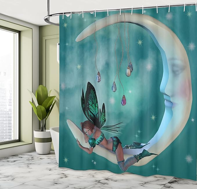 Ambesonne Moon Shower Curtain, Elf with Wings Toonimal Faeire Pixie Starry Sky Cosmic Artwork, Cloth Fabric Bathroom Decor Set with Hooks, 69" W x 70" L, Teal White