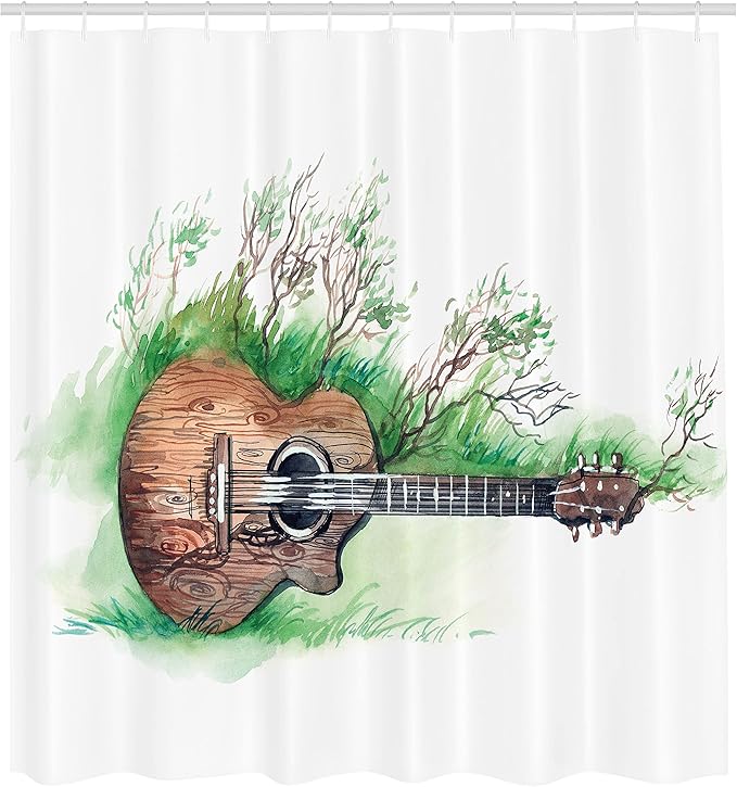 Ambesonne Music Shower Curtain, Wooden Guitar Branches Classical Flourishing Meadow Summertime Lawn Landscape, Cloth Fabric Bathroom Decor Set with Hooks, 69" W x 84" L, White Brown