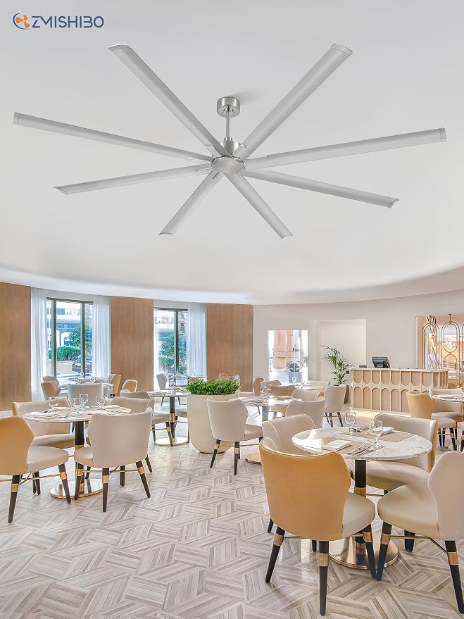 ZMISHIBO 108 Inch Large Ceiling Fans with Remote, High Volume(HVLS) Industrial Ceiling Fan with Reversible DC Motor, 8 Blades, 3 Downrods, Commercial Outdoor Ceiling Fans for Porch/Garage/Shop,Nickel