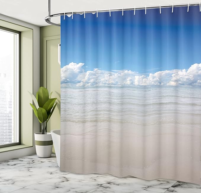 Ambesonne Ocean Shower Curtain, Sea to Sky View with Clouds Nature Exotic Beach in South Asia Paradise, Cloth Fabric Bathroom Decor Set with Hooks, 69" W x 70" L, Blue White Cream