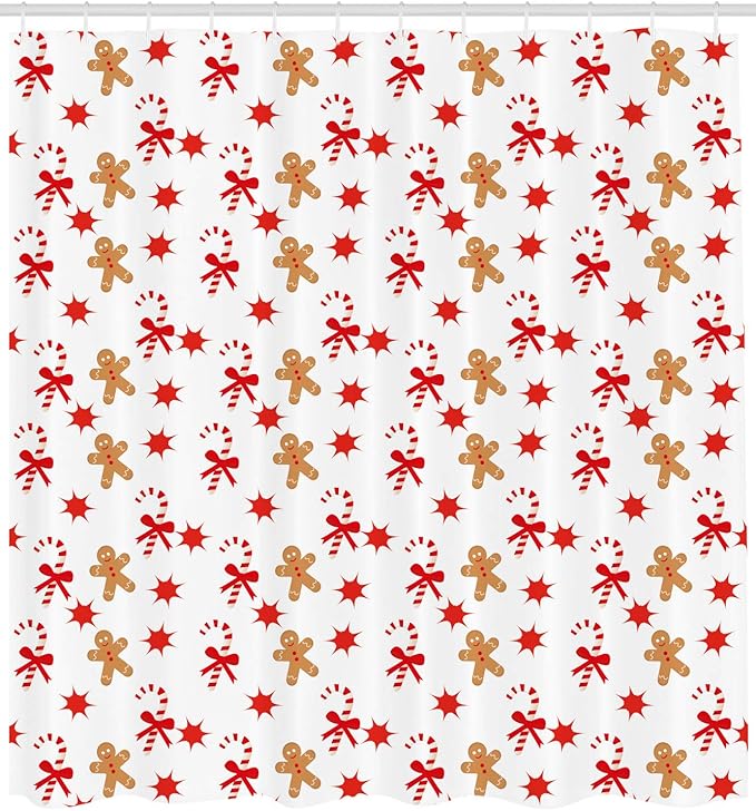 Ambesonne Gingerbread Man Shower Curtain, Candy Cane with Bowties Red Star Gingerbread Man Pattern, Cloth Fabric Bathroom Decor Set with Hooks, 69" W x 70" L, Sand Brown Orange