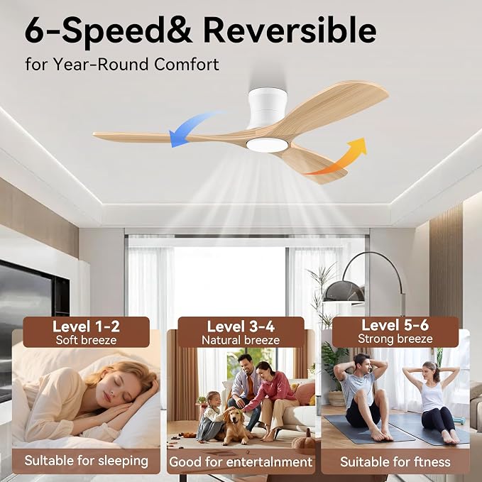 Livory 52” Wood Smart Flush Mount Ceiling Fans with Lights and Remote,Quiet DC Motor,Outdoor Indoor Ultra Low Profile Ceiling Fan works with Alexa WIFI APP,Modern White Ceiling Fan for Bedroom Patio