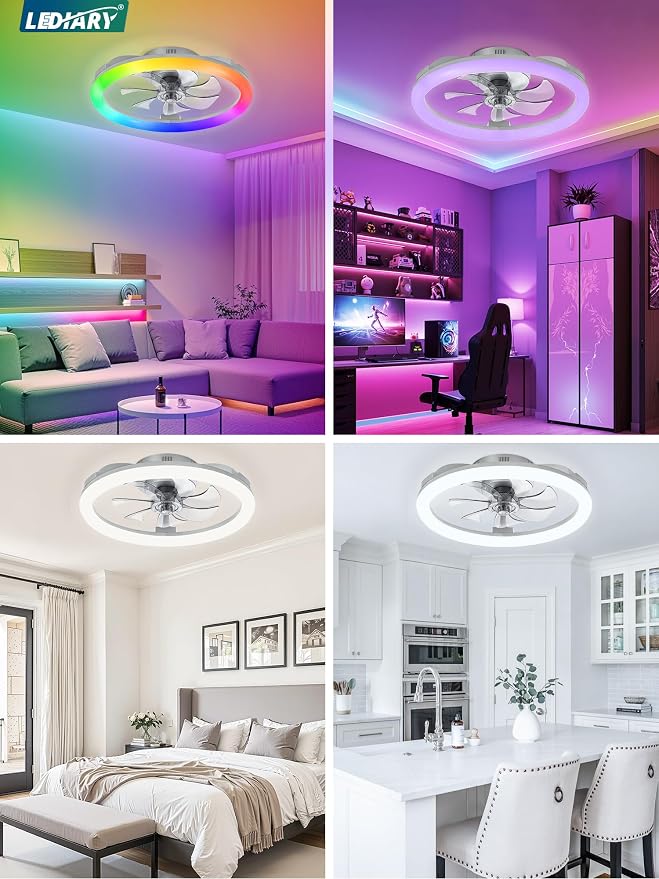 LEDIARY RGB Low Profile Ceiling Fans with Lights and Remote, 20 Inch Dimmable Modern Fan Light(3000K-6000K), 6 Speed, Reversible, APP & Remote Control, Flush Mount Ceiling Fan for Bedroom, Grey