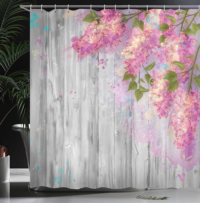 Ambesonne Flower Shower Curtain, Floral Watercolor Style Effect Branches of Lilac Bloom on Wooden Background Print, Cloth Fabric Bathroom Decor Set with Hooks, 69" W x 70" L, Grey Pink