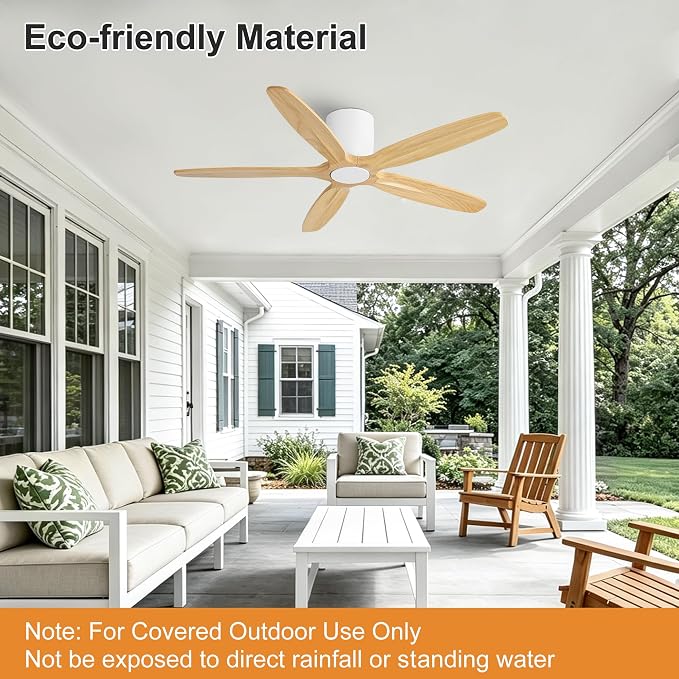 WINGBO 54" Flush Mount Ceiling Fan No Light - 5 Carved Solid Wood Blades, 6-Speed Reversible DC Motor, Dimmable, 3CCT, Low Profile Ceiling Fans without Lights for Bedroom Living Room, White and Oak