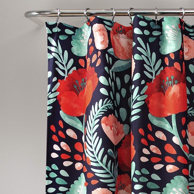 Lush Decor Poppy Garden Shower Curtain Single 72" W x 72" L Navy - Floral Shower Curtains for Bathroom - Colorful Bathroom Curtain - Cottage Core Decor