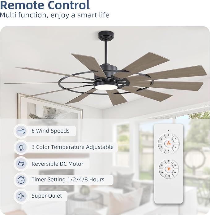 WINGBO 84" Windmill Ceiling Fan with Lights, 3 Downrod, 6-Speed Reversible DC Motor, 3CCT, 10 Blade Indoor Farmhouse DC Ceiling Fans for Kitchen Bedroom Living Room Patio, Matte Black and Grey