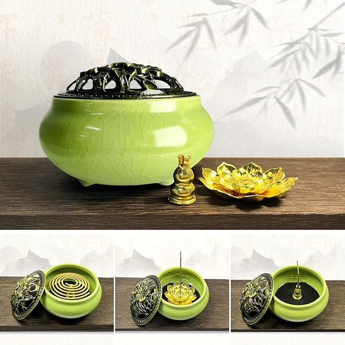 Ceramic Incense Burner, Bowl Burner,Cone Incense Burner with Brass lid for use with Stick or Cone-Shaped Incense，Lotus Incense Stick Holder Calabash Incense Stick Holder, 3pc (Light Green)