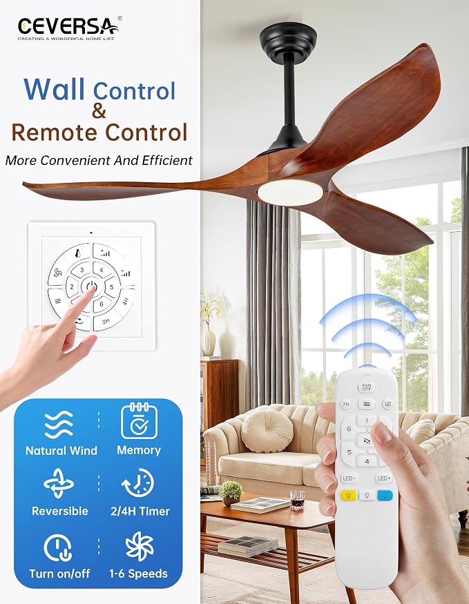 52 Inch Solid Wood Outdoor Ceiling Fans with Lights and Remote,3 Blade Modern Ceiling Fan with Wall Control Switch,Dimmable,Quiet Noiseless DC Motor for Patios,Farmhouse,Living Room,Bedroom