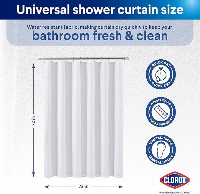 Clorox 2-in-1 Bathroom Shower Curtain Liner w Metal Hooks, Durable Fabric, Weighted Magnets for Bath Water Control, Washable Premium Quality, Modern - 72" x 72" White