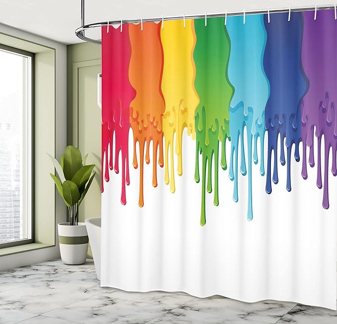 Ambesonne Abstract Shower Curtain, Rainbow Colored Paint Dripping Splattered Drops Creative Graphic Art Design, Cloth Fabric Bathroom Decor Set with Hooks, 69" W x 70" L, White Jade Green Sky Blue