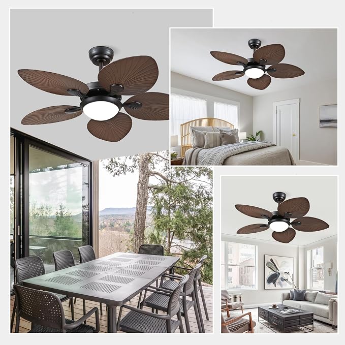 Wiviniya Tropical Ceiling Fans with Lights, 44 Inch Palm Leaf Outdoor Ceiling Fan with Light for Patios Porch Bedroom, Remote/APP Control, Reversible Quiet DC Motor, Dimmable LED, Dark Brown
