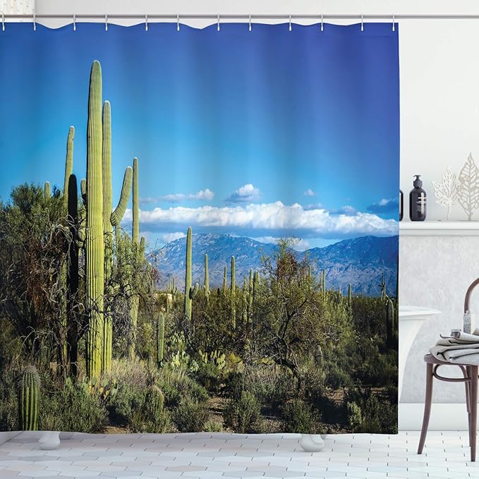 Ambesonne Desert Shower Curtain, Wide View of The Tucson Countryside with Cacti Rural Wild Landscape Arizona Phoenix, Cloth Fabric Bathroom Decor Set with Hooks, 69" W x 84" L, Green Blue