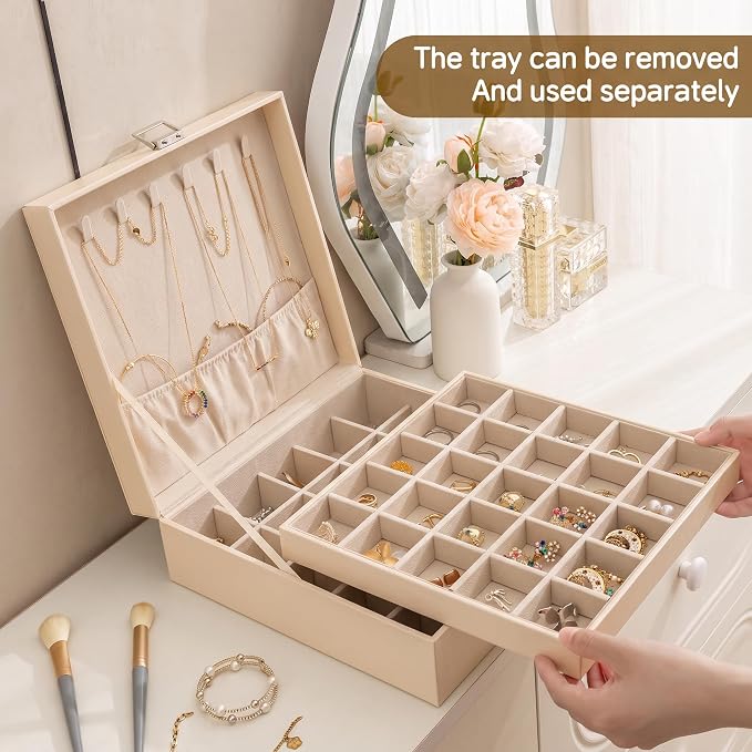 Frebeauty 50 Grid Earring Holder Organizer,2 Layer Jewelry Box for Women | Faux Leather,Velvet Lining,Adjustable Divider,Jewelry Organizer for Ring Necklace and Bracelet,for Home Use and Jewelry Store