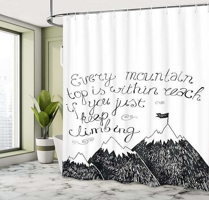 Ambesonne Wording Shower Curtain, Sketchy Mountains Hand Writing Style Letters Purpose Determination Success, Cloth Fabric Bathroom Decor Set with Hooks, 69" W x 70" L, White and Black