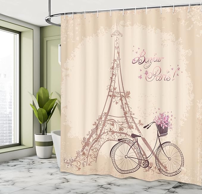 Ambesonne Paris Shower Curtain, Bonjour Paris Eiffel Tower and Vintage Bicycle with Flowers Retro Soft Color Print, Cloth Fabric Bathroom Decor Set with Hooks, 69" W x 70" L, Cream Pink