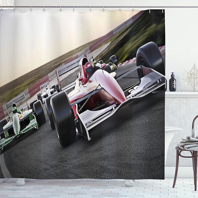 Ambesonne Man Cave Shower Curtain, Speeding Red Race Car Close up Front View on Track Leading The Pack Speedway Image, Cloth Fabric Bathroom Decor Set with Hooks, 69" W x 70" L, Burgundy Grey