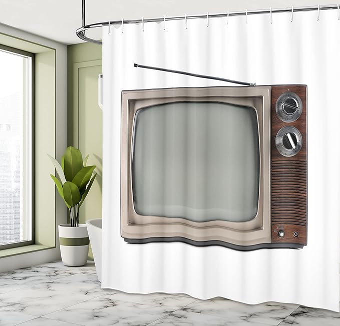 Ambesonne 1950s Shower Curtain, Old Television with Antenna Broadcast Display Antique TV Historic Movie Screen, Cloth Fabric Bathroom Decor Set with Hooks, 69" W x 84" L, White Umber