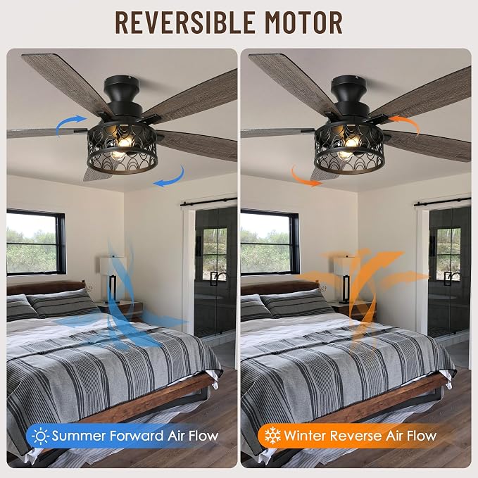 52'' Flush Mount Farmhouse Ceiling Fan with Light & Remote Control | Reversible Quiet DC Motor,6-Speed,Timer Dual-Sided Blades,Low Profile Industrial Caged Ceiling Fan for Bedroom Living Room