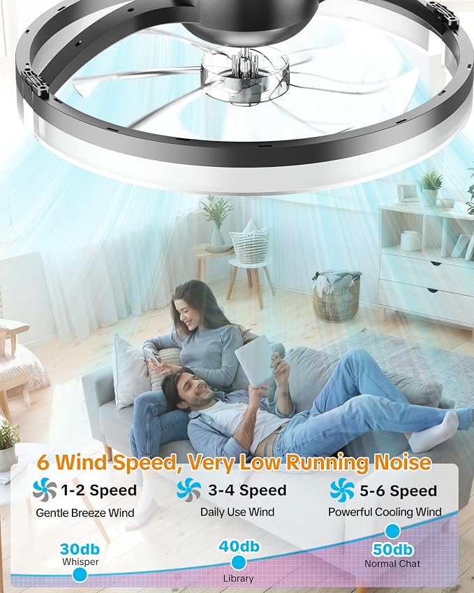 Ceiling Fans with Lights and Remote, Low Profile Ceiling Fan, Morden Flush Mount LED Fan Light, 3000K-6500K Dimmable for Bedroom, Kitchen, Living Room, Frosted, Black