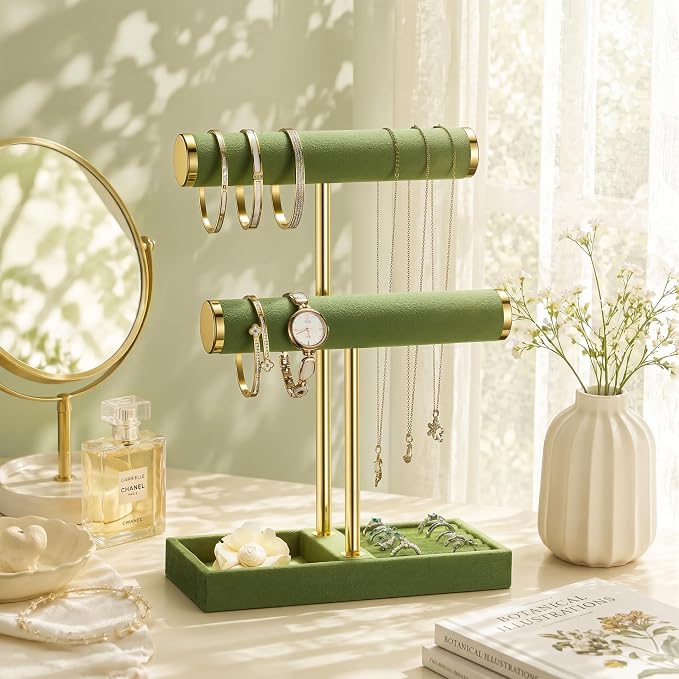 bussdis 2 Tier Bracelet Holder Display, Necklace Holder Organizer, Green | Velvet Necklace Holder | Jewelry Tree | Jewelry Towers | Jewelry Stand Organizer for Necklaces, Bracelets, Earrings, Rings