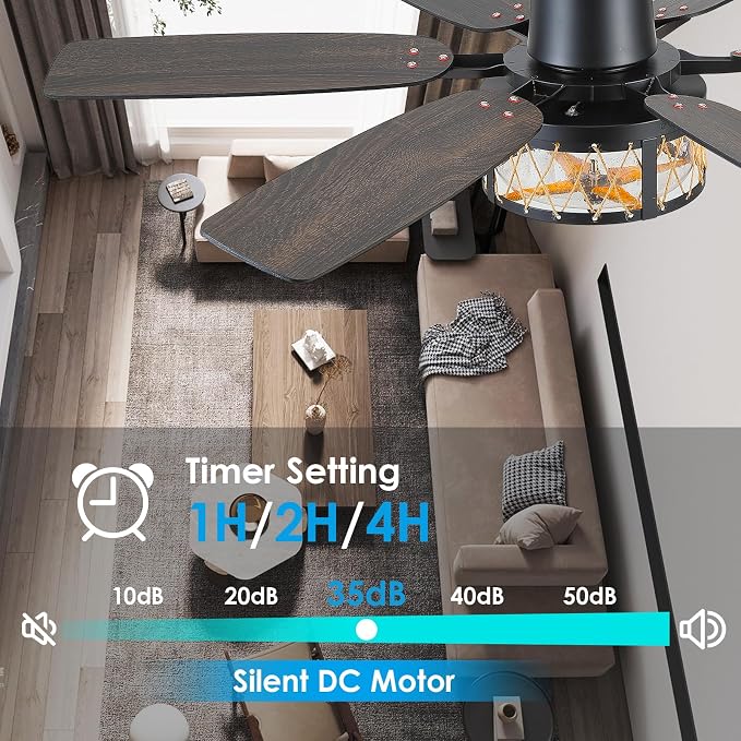 Hounberi 52" Farmhouse Ceiling Fan with Light and Remote, Black Industrial Caged Ceiling Fans with Seeded Glass & Jute Rope Shade, Reversible DC Motor, Rustic Ceiling Fan for Dining Room Bedroom