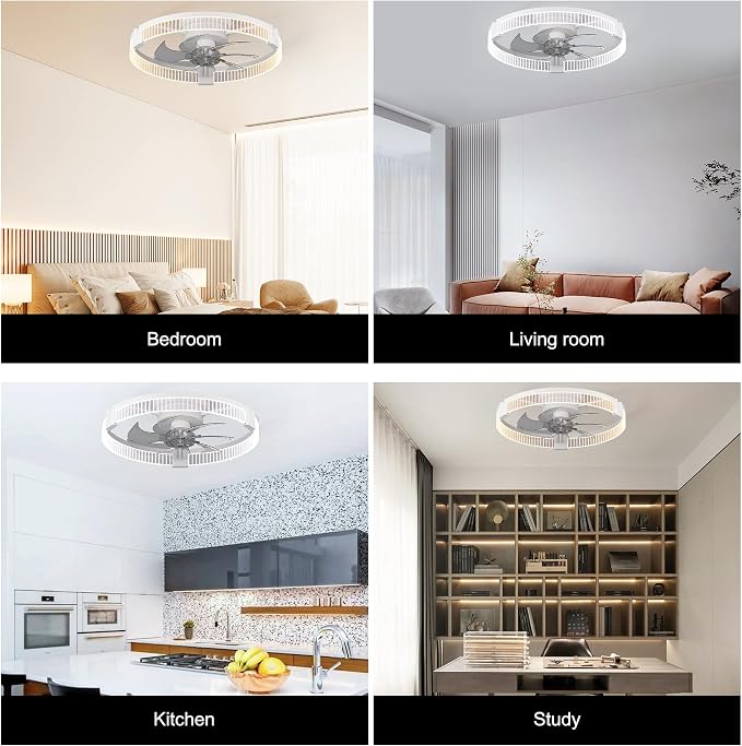 Garwarm Ceiling Fans with Lights，20IN Ultra Low Profile Ceiling Fan with Light and Remote, Dimmable 3000K–6000K LED Fandelier Flush Mount, DC Motor, for Bedroom, Kitchen, Office