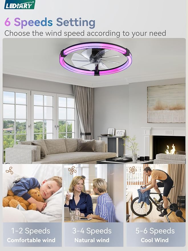 LEDIARY Ceiling Fan with Light,23inch Low Profile Fandelier with Remote RGB | RGB,6 Speeds, Reversible DC Motor, Dimmable Flush Mount Fan Light, Modern fans for Bedroom