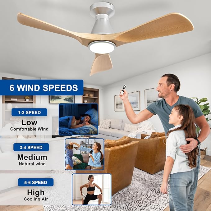 Depuley 42-Inch Ceiling Fans with Lights: Wood 3 Blade Flush Mount Low Profile Ceiling Fan for Bedroom - Dimmable Indoor Outdoor Fan with Remote Control Ultra Quiet DC Motor Timer