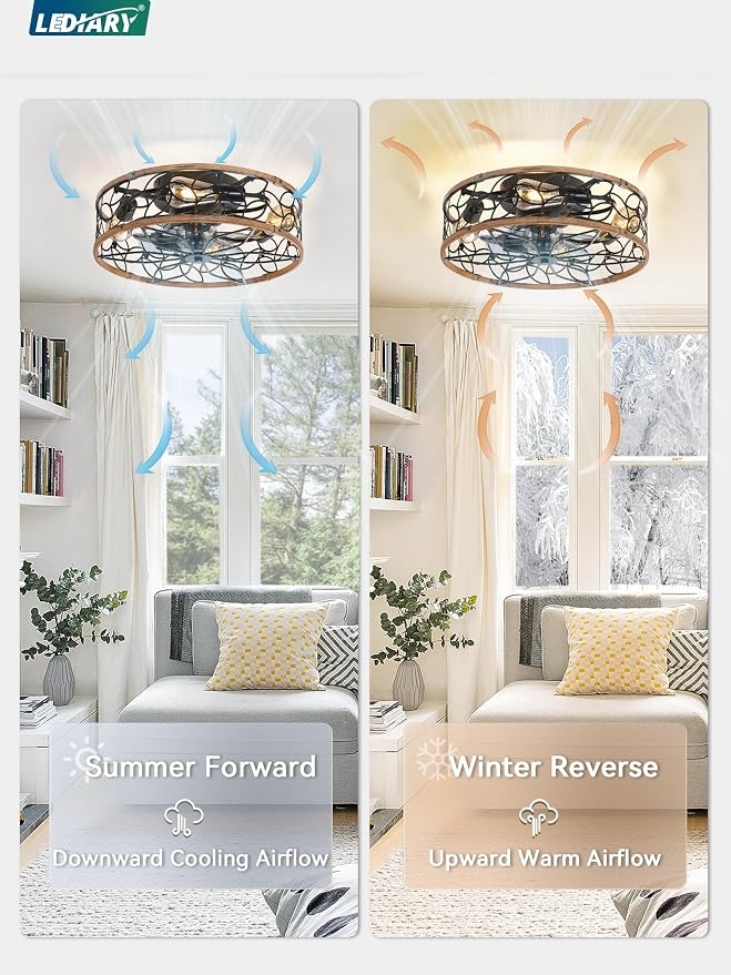 LEDIARY Caged Ceiling Fans with Lights, Farmhouse Flush Mount Ceiling Fan with Remote&App, Black&Walnut Low Profile Ceiling Fan Light Fixture for Bedroom, Kitchen, Dining Room.