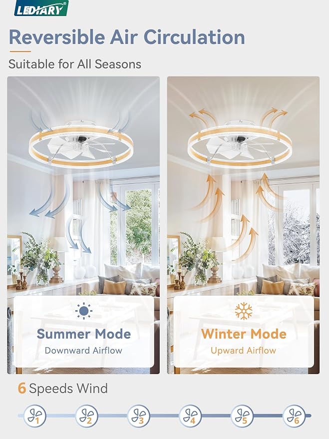 LEDIARY Ceiling Fans with Lights and Remote, 24'' Low Profile Ceiling Fan with Light, 3000-6000K Dimmable Fandelier Ceiling Fans, Modern Flush Mount Fan for Bedroom with 6 Wind Speeds- Wood Grain