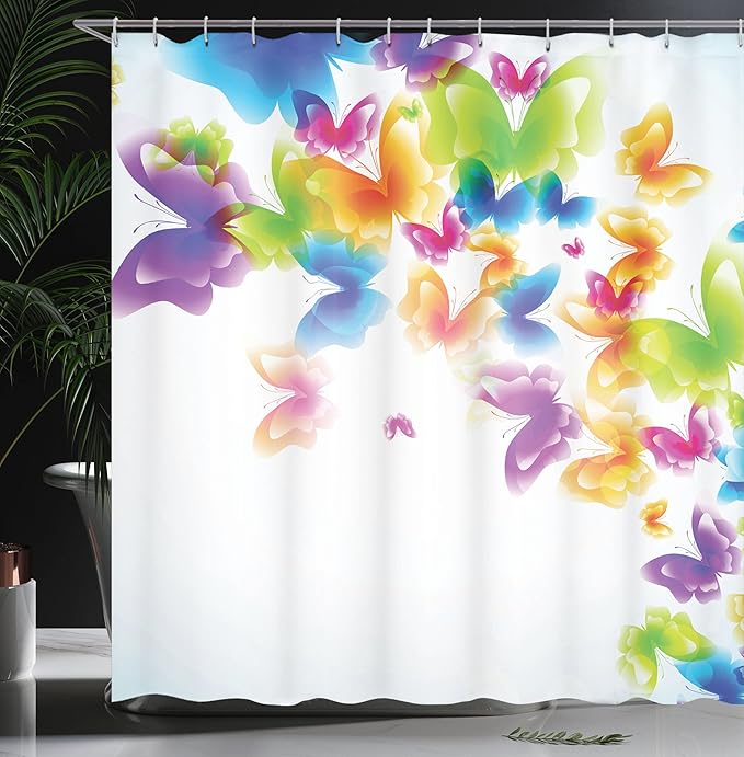 Ambesonne Butterfly Shower Curtain, Group of Butterflies Band in Radiant Rainbow Colors Hope Summer Garden Art Print, Cloth Fabric Bathroom Decor Set with Hooks, 69" W x 70" L, Green Yellow