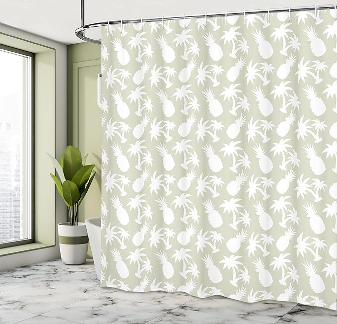Ambesonne Pineapple Shower Curtain, Coconut Palm Trees and Pineapples Floral Repeating Background Art, Cloth Fabric Bathroom Decor Set with Hooks, 69" W x 70" L, Eggshell White