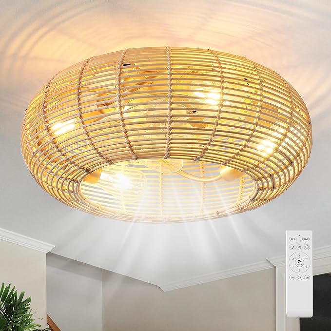 AIJIASI 20" Boho Ceiling Fan with Light and Remote, Rattan Caged Ceiling Fan with Light 6 Speeds Flush Mount Fandelier Ceiling Fan for Bedroom Living Room (4*E26 Base)