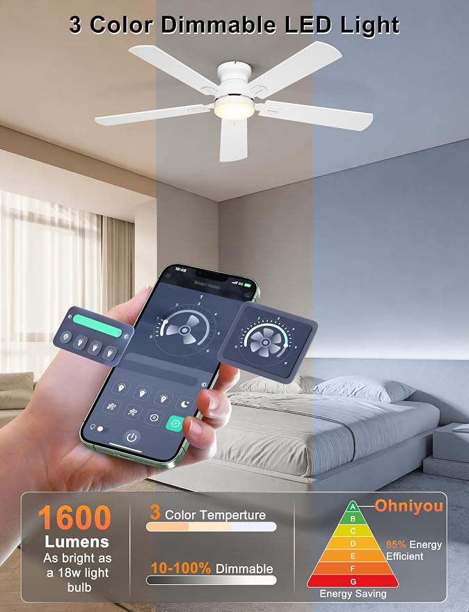 Ohniyou Ceiling Fans with Lights, 52 Inch Low Profile Ceiling Fan with Light and Remote/APP Control, Flush Mount, Dimmable, Quiet DC Motor, White Ceiling Fan for Bedroom, Living Room
