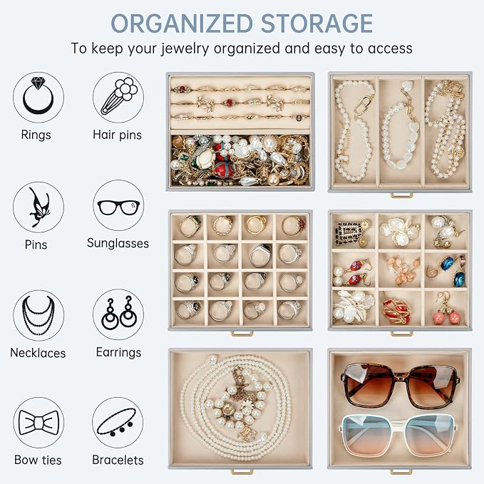 AKOZLIN 6-Tier Jewelry Box Organizer Functional 5 Drawers Leather Jewelry Storage Case for Women Girls Ring Necklace Earring Bracelet Holder Organizer with Mirror Medium Grey