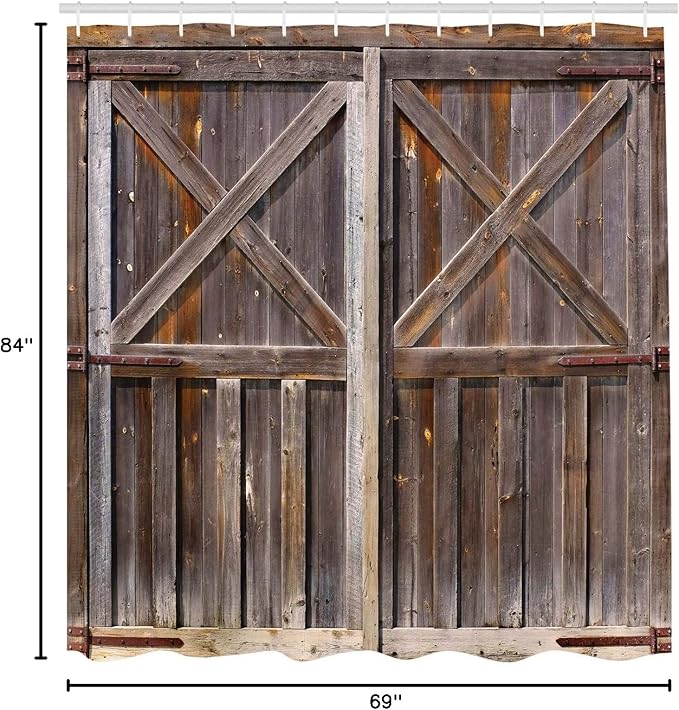 Ambesonne Rustic Shower Curtain, Old Wooden Barn Door of Farmhouse Oak Countryside Village Board Rural Life Photo Print, Cloth Fabric Bathroom Decor Set with Hooks, 69" W x 84" L, Brown