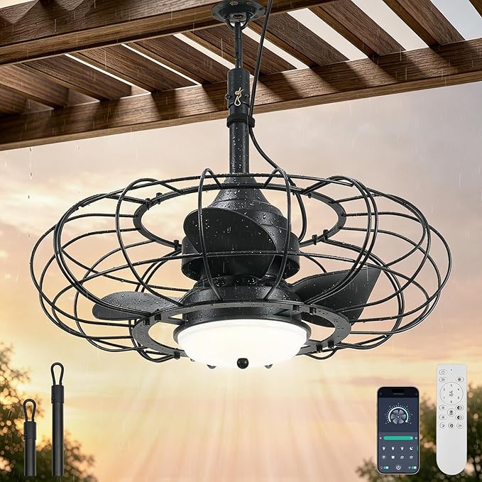 AHAWILL 20" Black Outdoor Ceiling Fan with Light and Remote/APP,3CCT 6 Speed Gazebo Fan Outdoor Hanging Hook,IP65 Waterproof Plug in Ceiling Fan for Patios, Garage, Porch, Pergola,Canopy