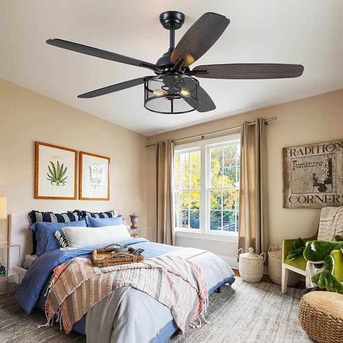 Hounberi 56 Inch Farmhouse Ceiling Fans with Lights and Remote Control | 6-Speed Reversible DC Motor, 5 Double Finish Blades, Black Caged Ceiling Fan with Light for Bedroom, Living Room, Kitchen