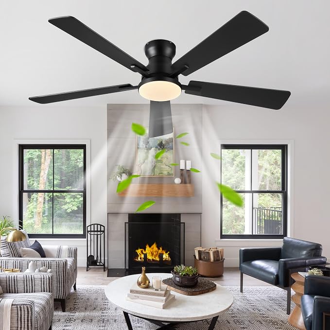 Ayaoty Ceiling Fans with Lights,52 Inch Black Low Profile Ceiling Fan with Light and Remote/APP Control-Flush Mount Dimmable, Quiet DC Motor for Outdoor Patio, Garage,Bedroom