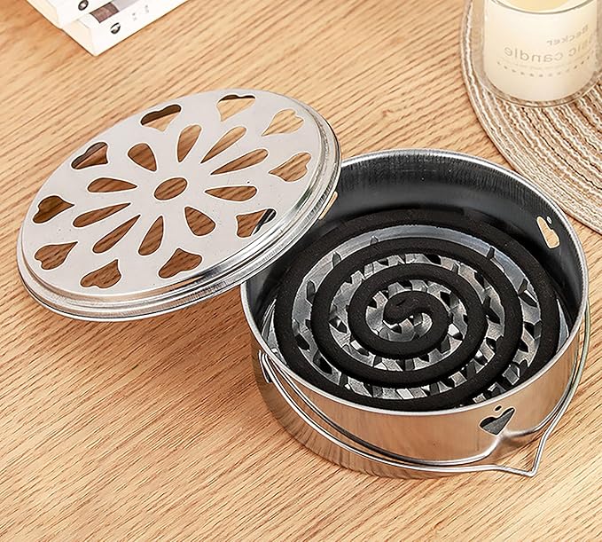 Mosquito Coil Holder with Handle and Cover, 5.5 Inch x 2.1 Inch Stainless Steel Mosquito Incense Box with Dust Leakage (1)