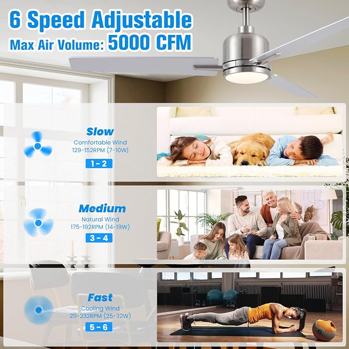 Newday 48 Inch Ceiling Fans with Lights Remote, Brushed Nickel Ceiling Fans Dimmable 3 Color Temperature, Timer, 3 Blades, 6 Speed Modern Fan Quiet Reversible DC Motor for Indoor or Covered Outdoor