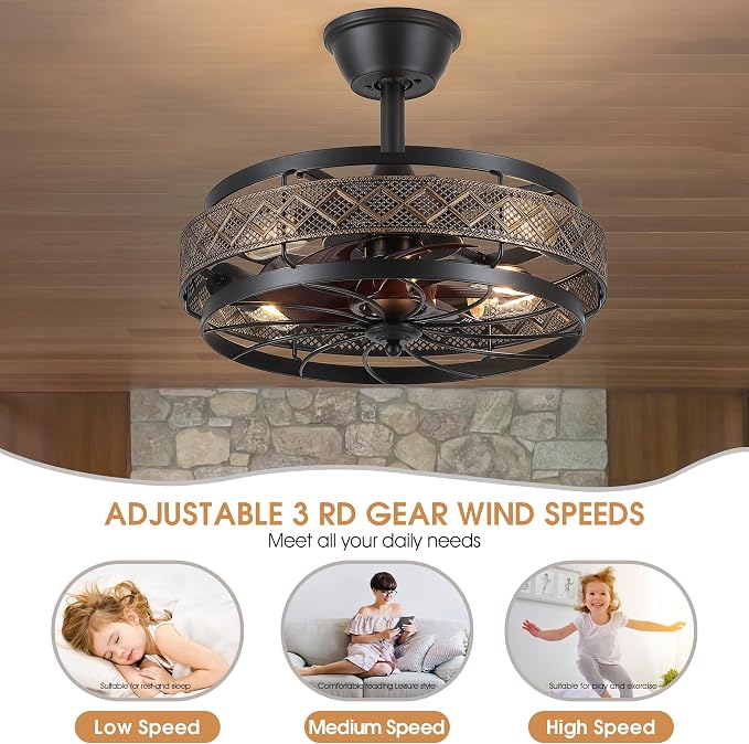SHIHOT 18" Small Black Industrial Caged Ceiling Fans with Lights and Remote | Safe Caged-Design,Supports Both Remote Control and APP,6 Wind Speeds, Reversible, Quiet DC Motor,Suits for Bedroom Kidsroom