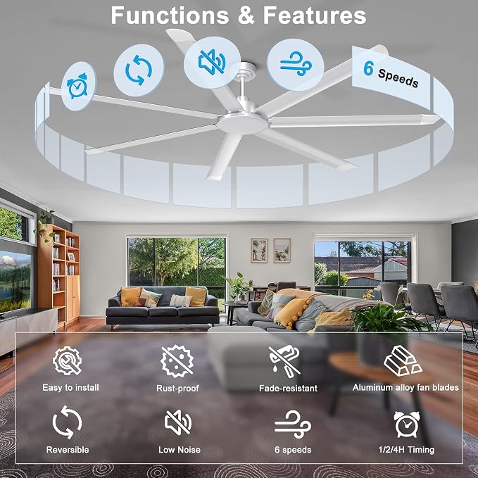 Ohniyou 84'' Industrial Ceiling Fan Without Light for Shop, Garage, Silver | 11000 CFM Airflow, 7 Aluminum Blades, Remote/APP Control, 6 Speeds, Reverse Mode, Large Commercial Metal Fan for Gym
