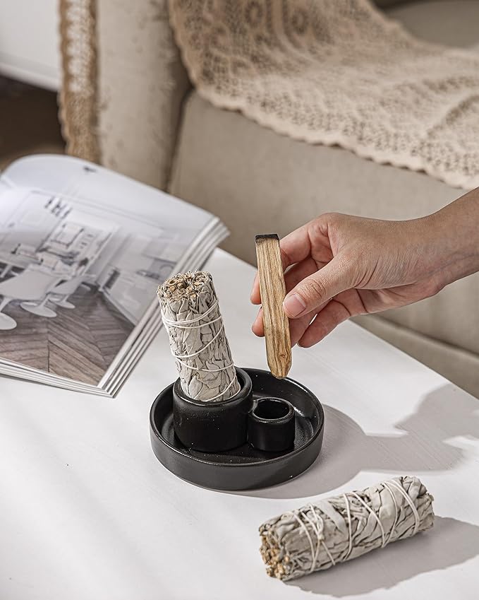 Ceramic Palo Santo and Sage Holder, Incense Holder for Palo Santo Sticks, Sage Burner Dish Stand with Ash Catcher, Modern Minimalist (Black)