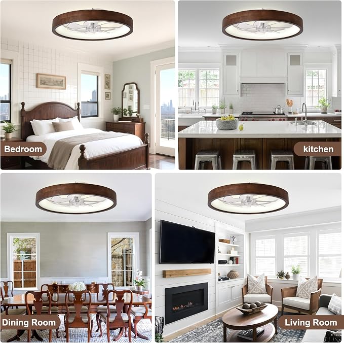 20” Modern Dark Wooden Flush Mount Low Profile Ceiling Fans with Lights | 3 Color Dimmable LED,6 Speeds,Reversible DC Motor Ceiling Fan with Light and Remote for Bedroom/Kidsroom/Dinng Room
